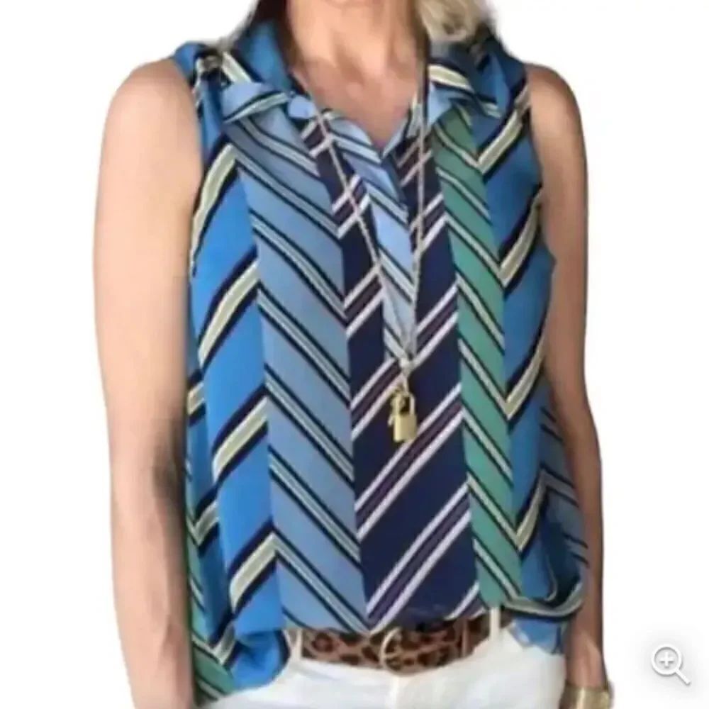 Cabi ASCOT Blue Green Geometric Stripe Semi Sheer Sleeveless Blouse #3780